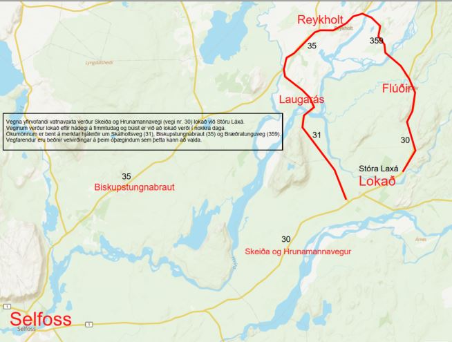 Lokun Skeiða- og Hrunamannavegar við Stóru-Laxá vegna vatnavaxta á fimmtudag