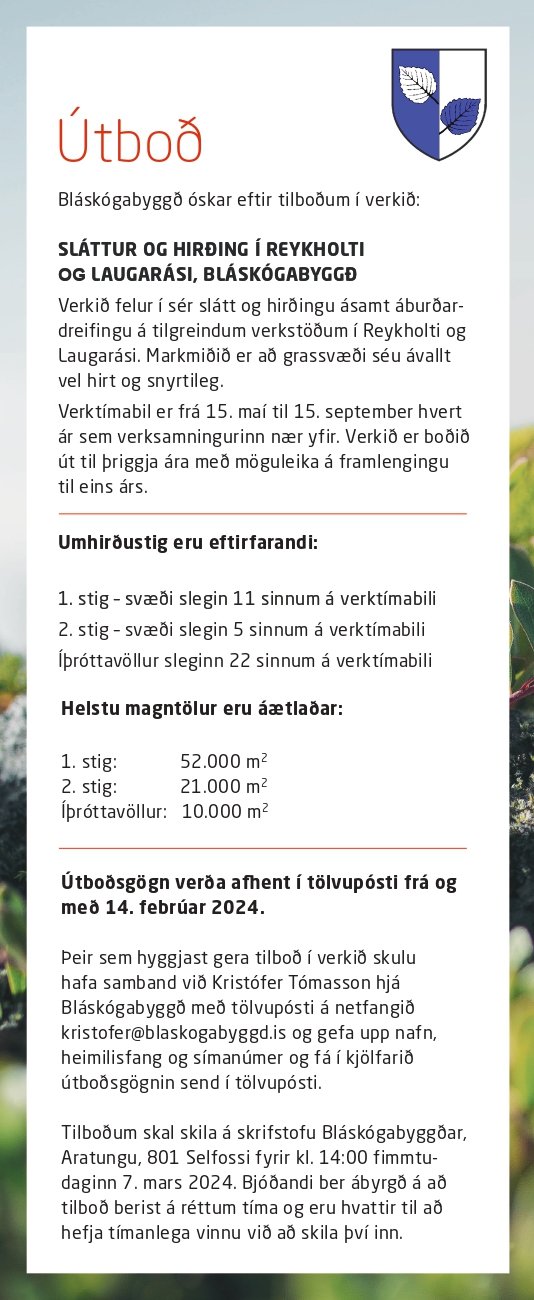 Útboð á slætti í Reykholti og Laugarási