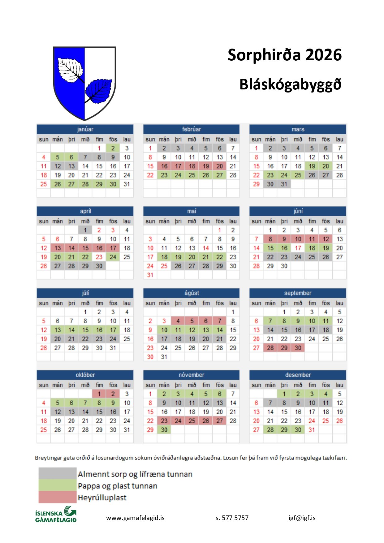 Sorphirðudagatal 2026